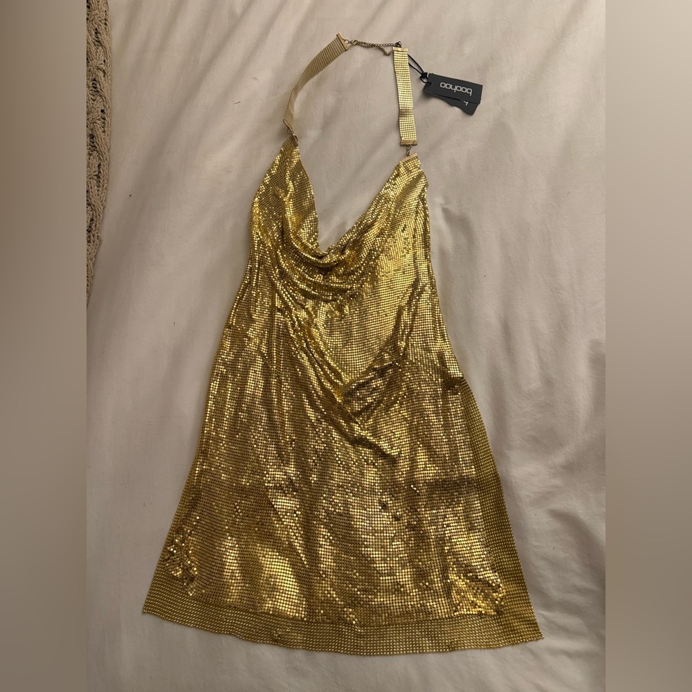 Boohoo Gold Backless Sequin Dress